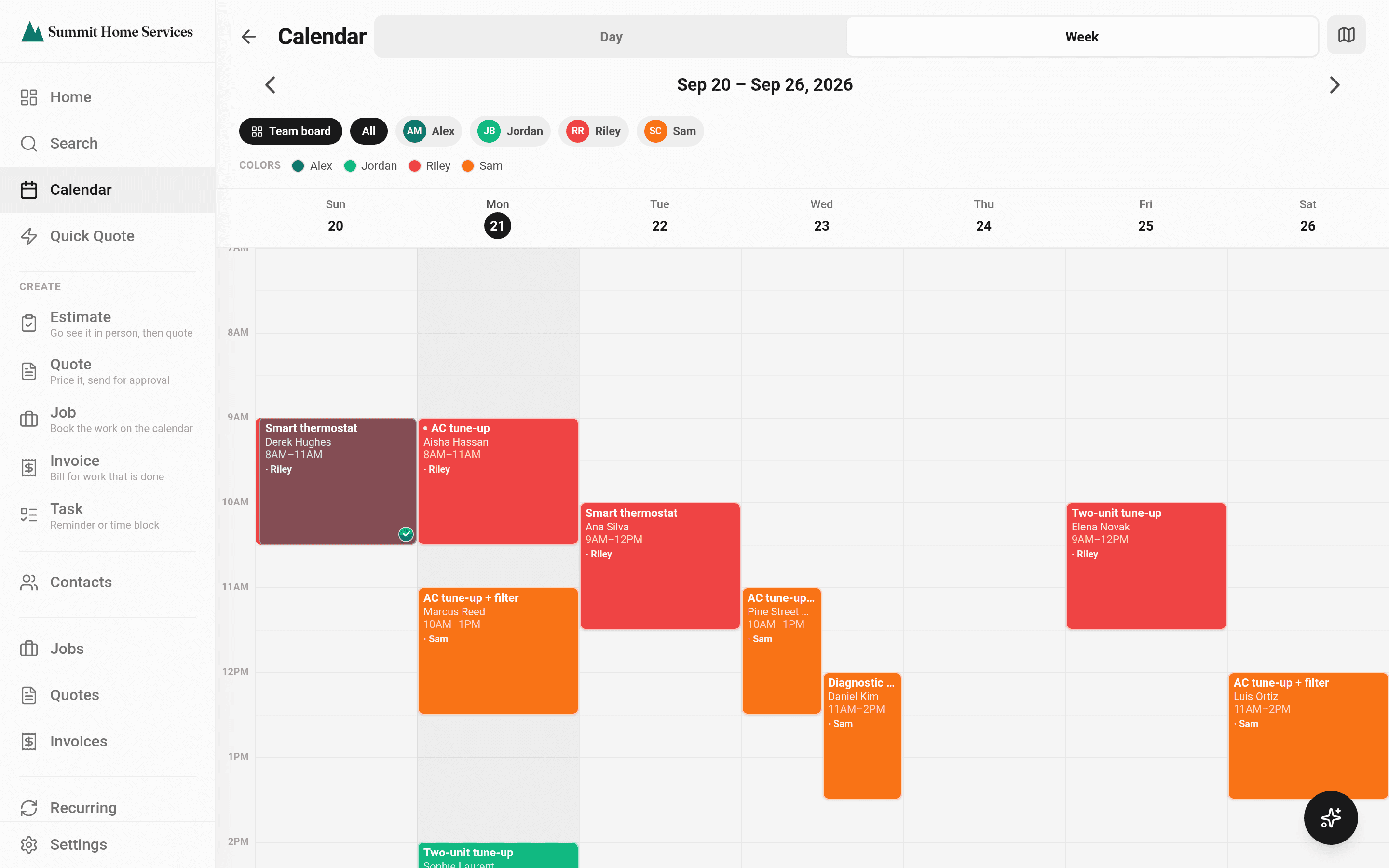 The calendar's week view: Summit Home Services' four technicians in their colours, jobs Monday to Saturday, each block showing the service, the customer, the arrival window and the tech
