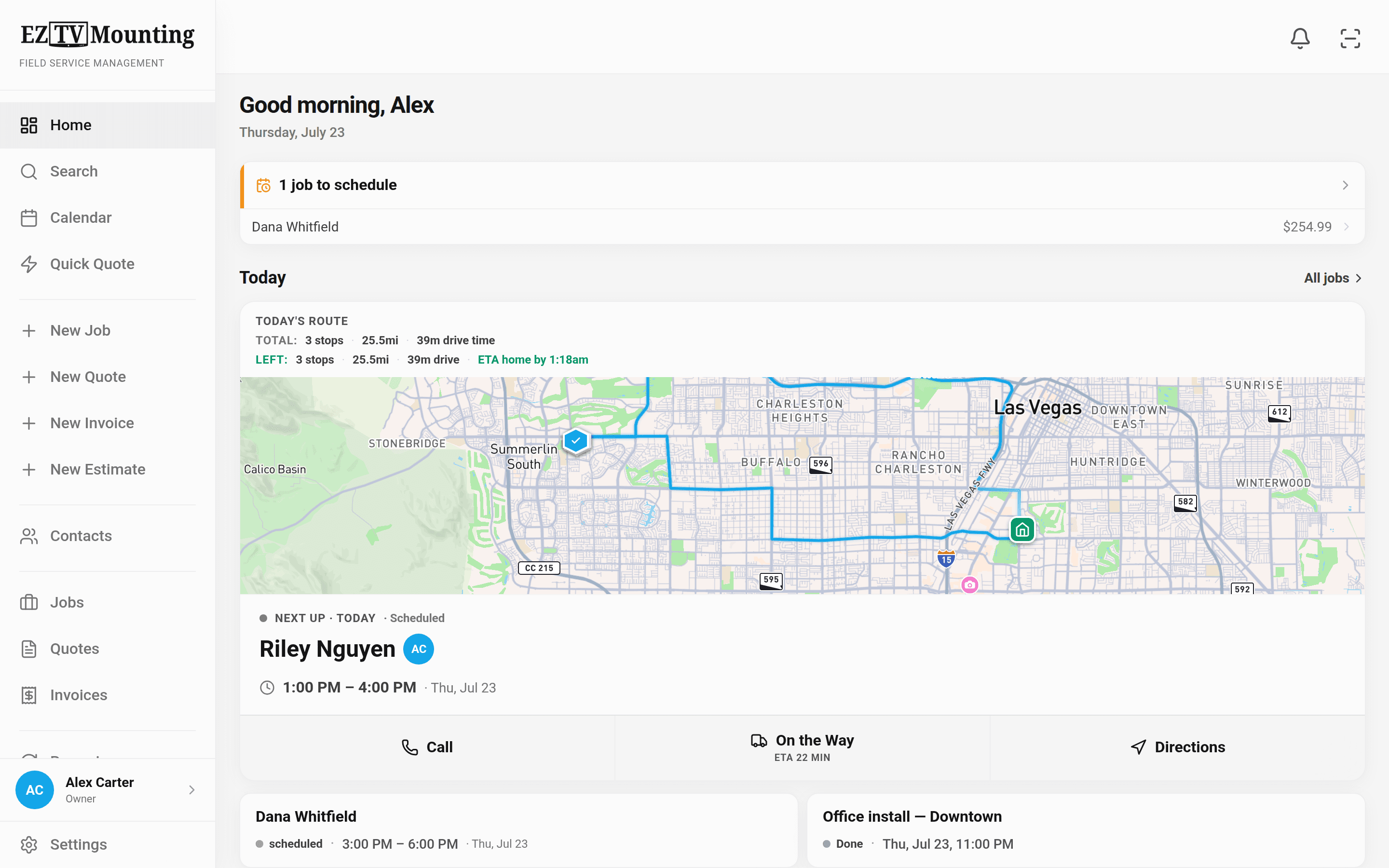 The real dashboard: today's route on a Las Vegas map with stops, miles, drive time, and ETA home, plus jobs waiting to be scheduled