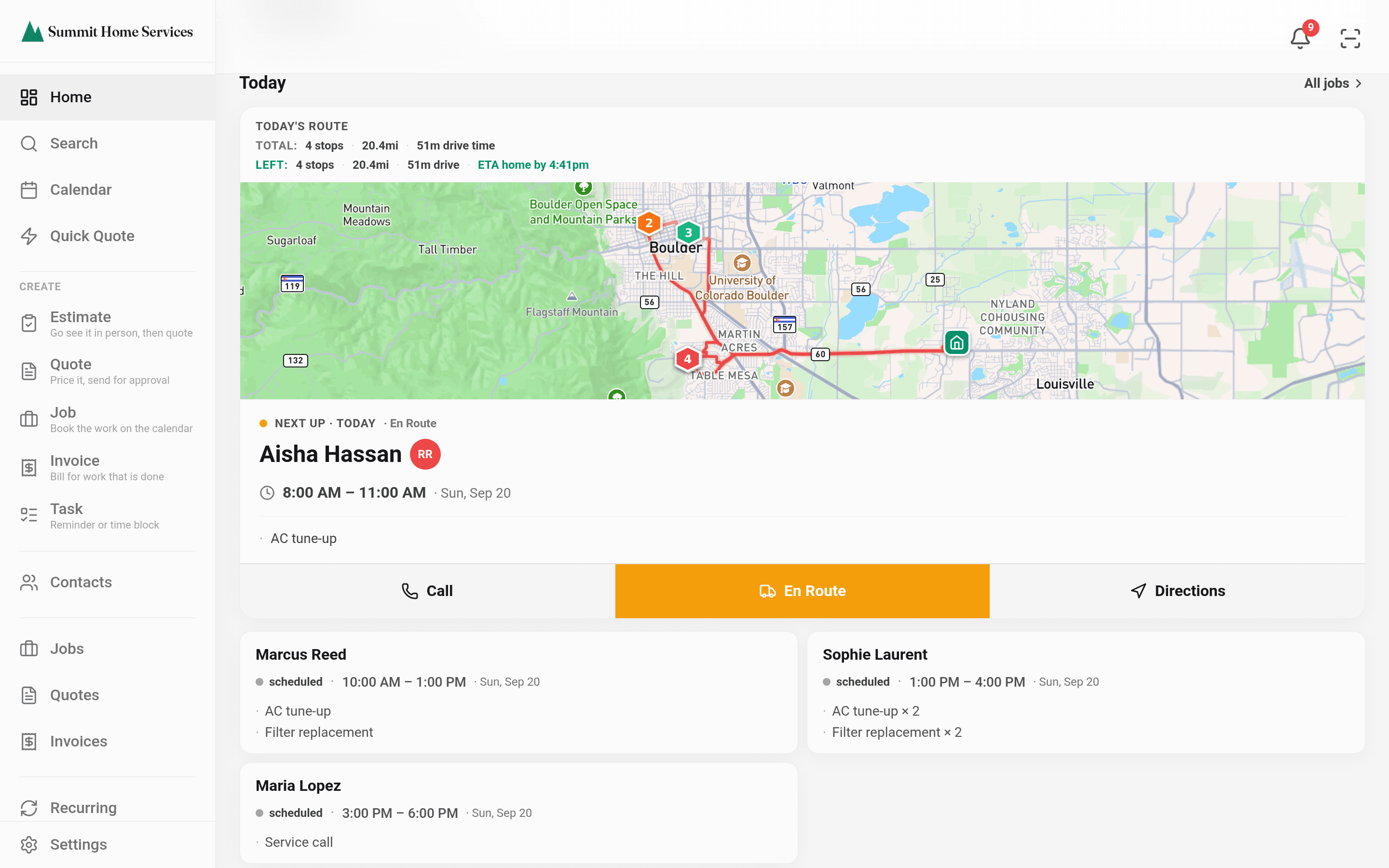 The dashboard: today's route on a Boulder map with four stops, miles, drive time and ETA home, the next job with Call, En Route and Directions, and the rest of the day's jobs