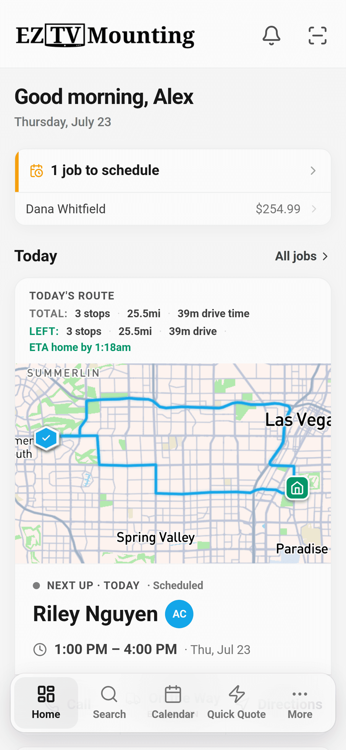 The platform's mobile dashboard: today's route on a live map with drive time and ETA home