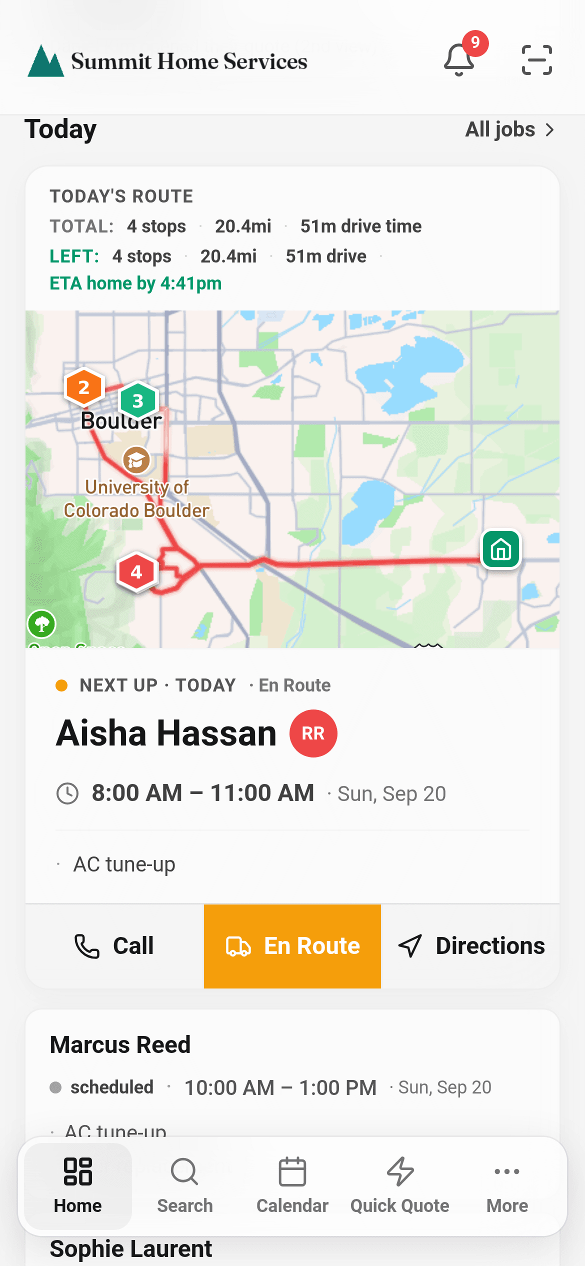 The mobile dashboard: today's route on the map with stops, drive time and ETA home, and the next job