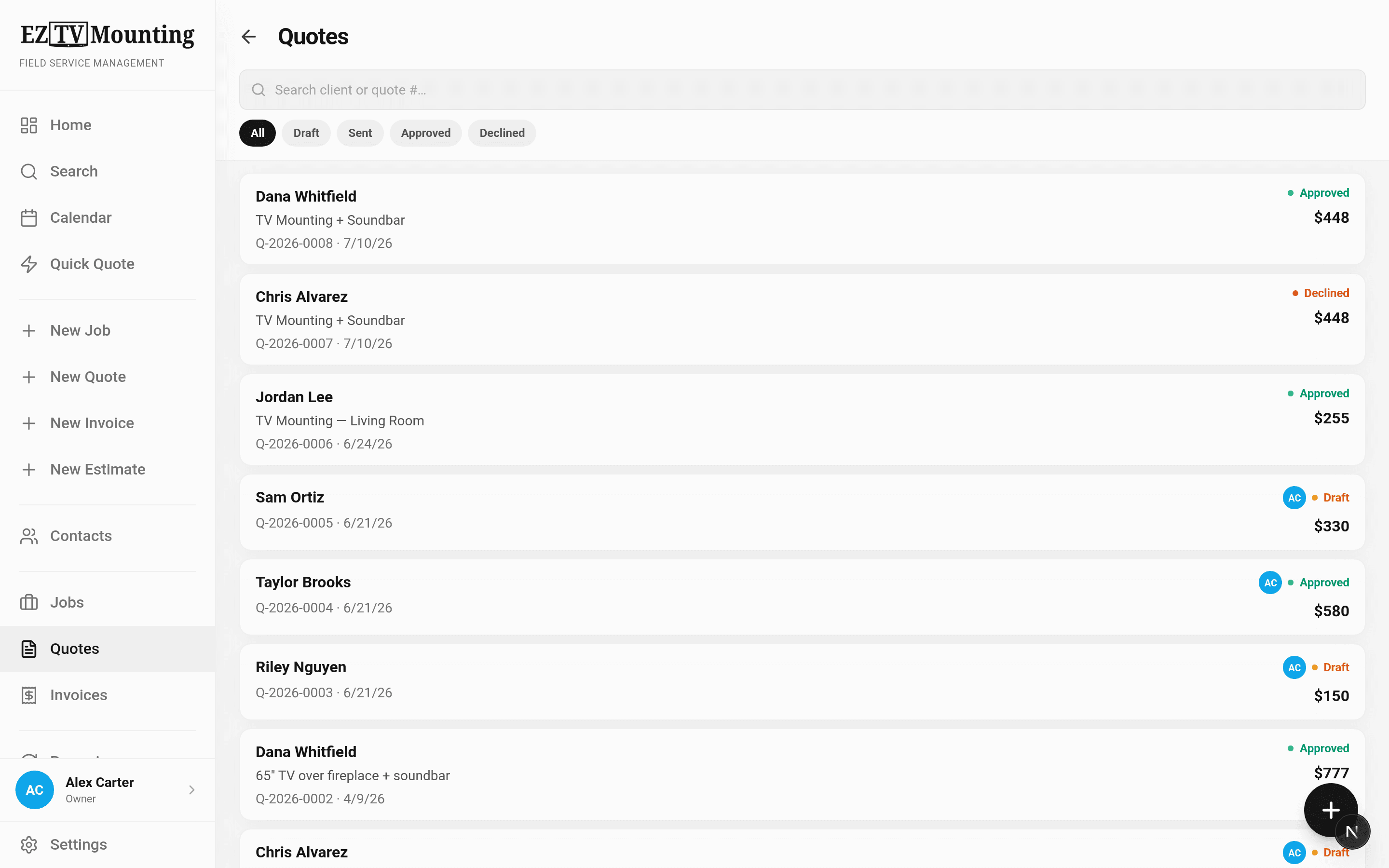 The platform's quote pipeline with approved, declined, and draft statuses